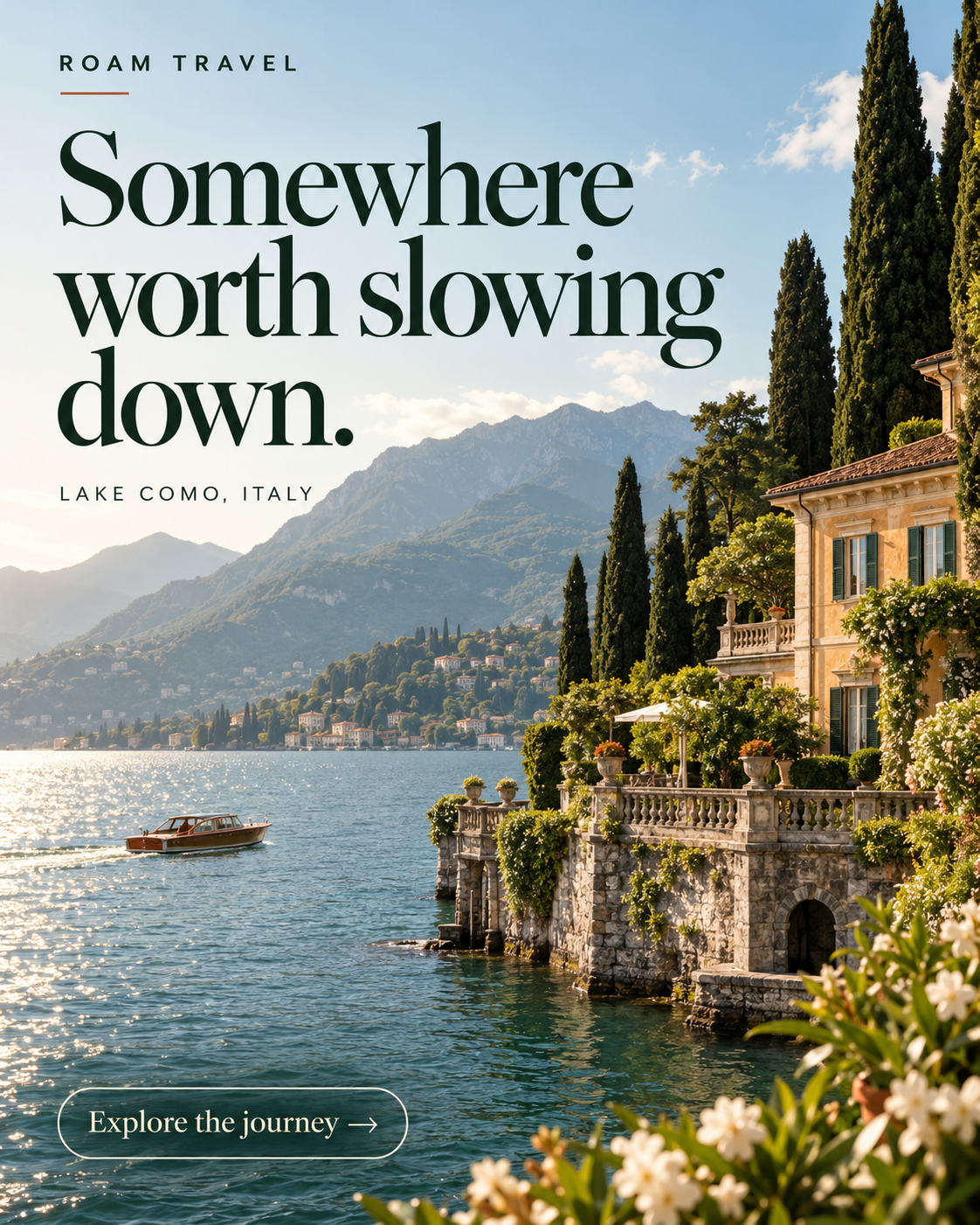 Concept travel poster for Roam Travel featuring Lake Como, Italy